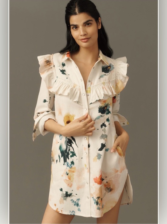 Pilcro and the Letterpress Dresses & Skirts - NWT Pilcro Long-Sleeve Ruffled Denim Mini Shirtdress | XXS